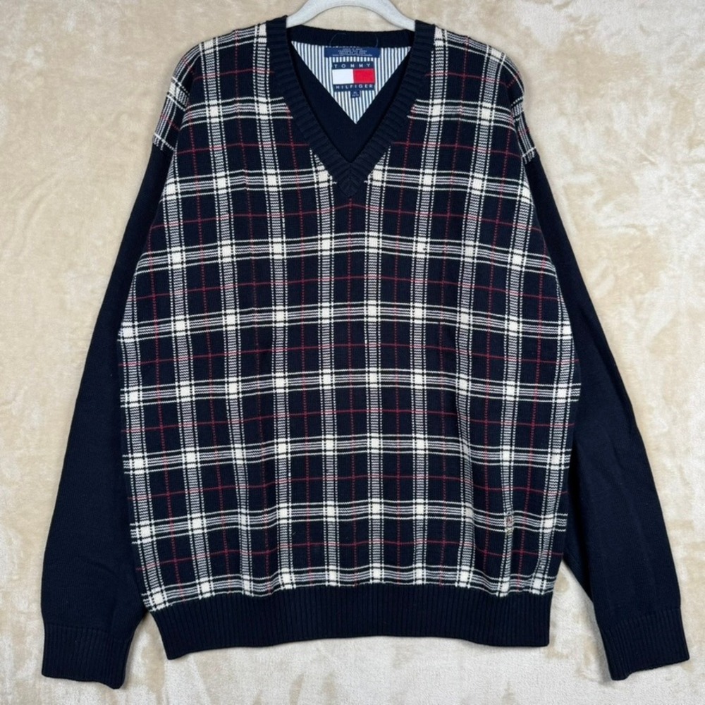Tommy Hilfiger Mens XL V-Neck Sweater Navy Blue Plaid Cotton Knit Crest Logo